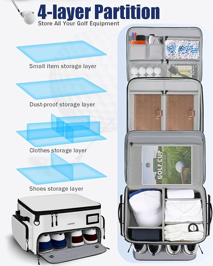 LOINTET Golf Trunk Organizer, Waterproof Car Golf Locker with Separate Ventilated Compartment for 2 Pair Shoes, Golf Storage for Balls, Tees, Cap, Clothes, Gloves, Accessories, Gifts for Men, Women