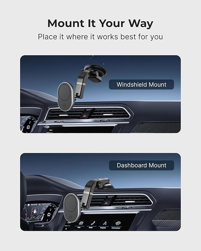 Wireless Car Charger Multi-Angle Adjustable Dashboard/Windshield Mount Smartphones, Magnetic Car Phone Holder, Fast Charging, Universal Dashboard Fit, Gifts for Mom