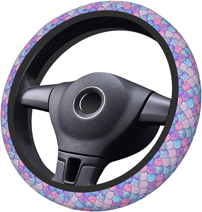 Mermaid Rainbow Steering Wheel Cover Women Men Elastic Stretch Soft Car Wheel Protector Universal Breathable No-Slip Car Accessories for Truck Van SUV Auto Fit 14-15 Inches