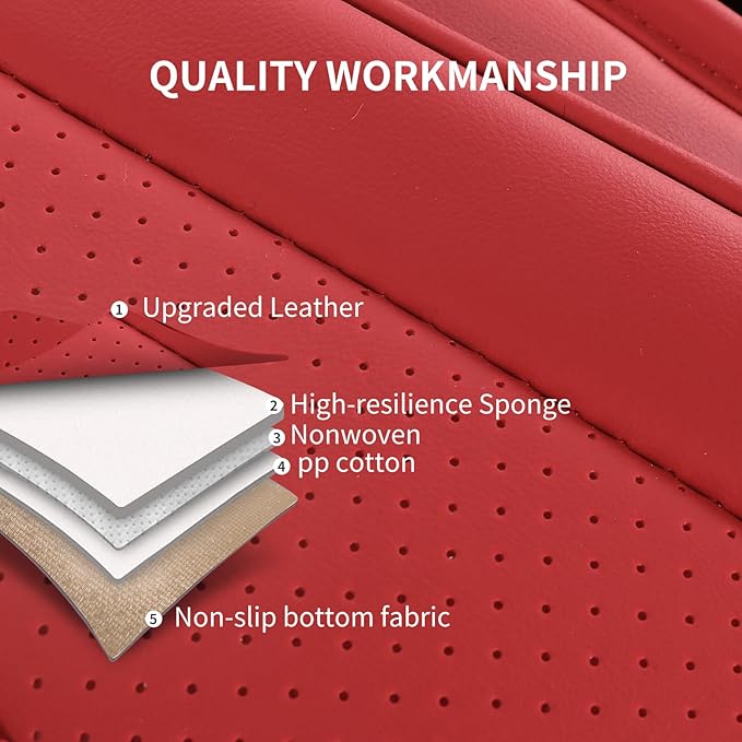 Nappa Leather Car Seat Covers Full Set, Red Car seat Protector 5 Seats, Waterproof Car Seat Cushion, Universal Automotive Seat Covers Fit for SUV Truck Pick-up Sedan, Front and Rear