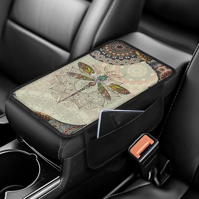 Bohemian Mandala Dragonfly Pattern Car Armrest Cover Non-Slip Auto Center Console Pad Stretchy Car Armrest Cover Cushion Universal Fit for Most Cars Sedan Truck SUV