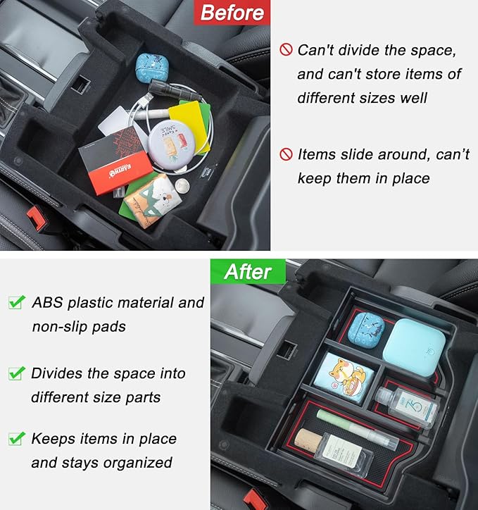 PIMCAR Compatible with 2019-2026 Dodge RAM 1500 2500 3500 Center Console Organizer ABS Plastic Material Interior Accessories Armrest Box Insert Tray (Red Trim)