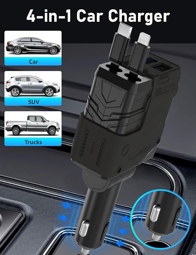 Retractable Car Charger, 4-in-1 Quick Charger with 2 Retractable Cables and USB Port, Travel Essentials Gifts for Women Men, Car Accessory for Phones/Tablets/Airpods/Car Recorders, 31.5 inch (Black)