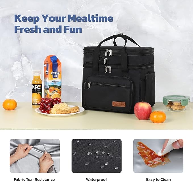 Maelstrom Lunch Box, 23L Insulated Lunch Bag, Expandable Double Deck Cooler Bag, Lightweight Leakproof Tote Bag With Side Tissue Pocket, Suit For Men and Women (A. Black)