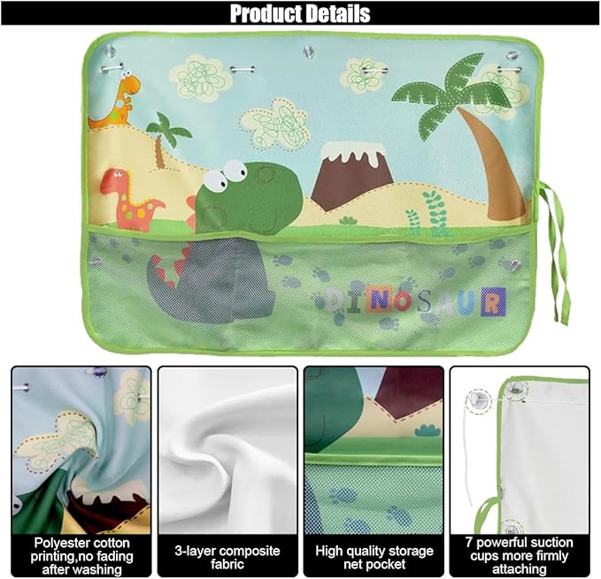 Car Window Shade for Baby, Blackout Car Window Curtain with Storage Pockets & 7 Suction Cups, Cartoon Pattern Cars Side Window Sun Shade Cover for Sun/Heat/UV Rays Protection (Green-Dinosaurs)