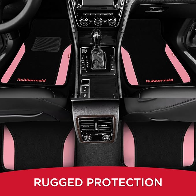 Rubbermaid Car Mats, Carpeted Floor Car Mat with Faux Leather & Built-in Heel Pad, Two-Tone Car Rug Floor Mats, Stylish Carpeted Floor Mats for Cars, Trucks & SUVs Pink Color