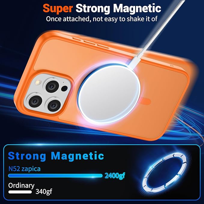 SUPFINE Magnetic for iPhone 15 Pro Case with Screen Protector (Compatible with MagSafe) (Military Grade Drop Protection) Translucent Matte Shockproof Phone Cover,Starry Orange
