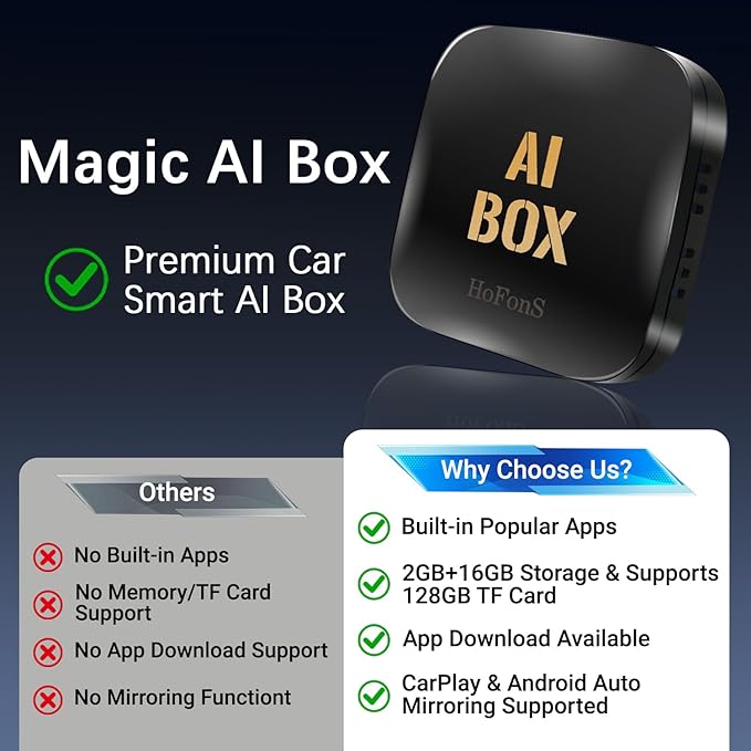 AI Box Carplay, 2+16GB Ai Magic Box for Streaming Netflix/YouTube/TikTok, Car Play Wireless Adapter Supports iPhone & Android Auto, Plug & Play, for Cars with OEM Wired CarPlay/Android Auto
