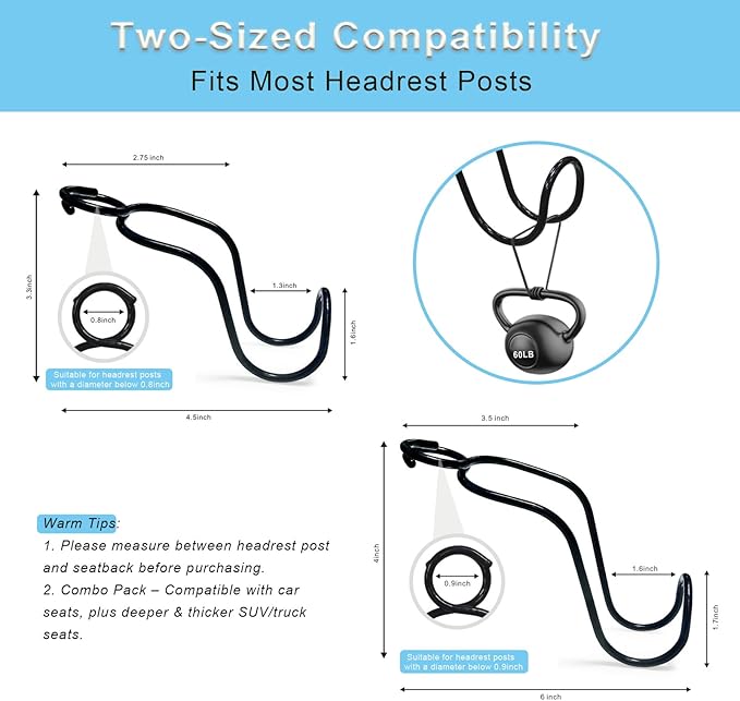 4 Pack Purse Hook for Car SUV Truck Seat Front Back Organizer Metal Hanger Headrest Holder for Handbag, Bag, Hardhat, Grocery Road Trip Must Haves Car Gadgets Accessories for Women (2*Small + 2*Large)