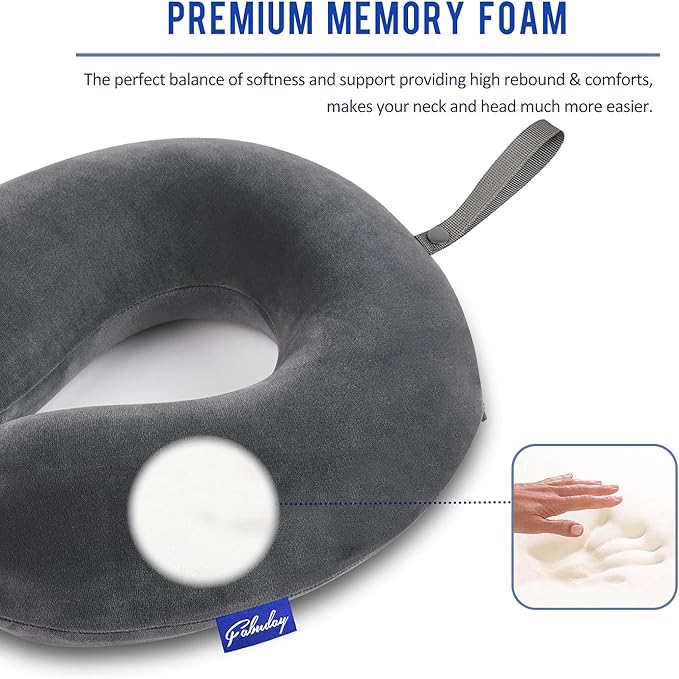 Travel Pillow Memory Foam for Airplanes - Neck Pillow for Traveling, Car, Home, Flight Pillow for Sleeping with Attachable Snap Strap Soft Washable Cover, Provide Head Neck Support Rest, Dark Gray