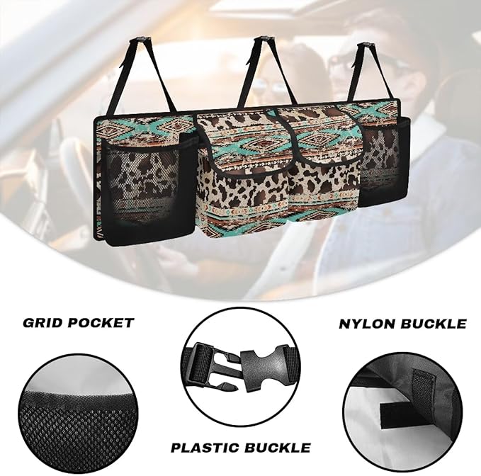 Aztec Cow Car Backseat Trunk Organizer with 4 Pockets Hanging Cargo Bag Multipurpose Trunk Storage Bag with 3 Adjustable Buckles