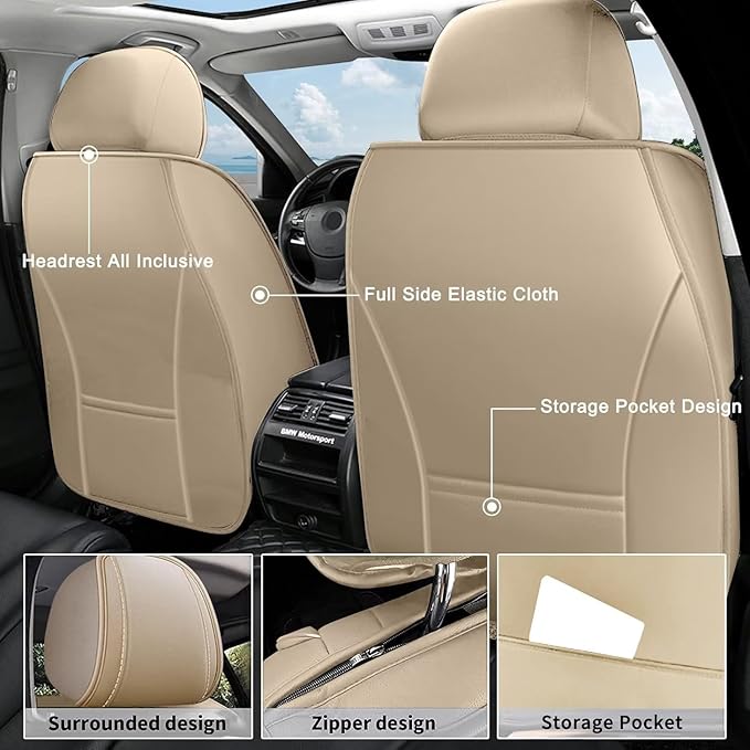 AOMSAZTO Car Seat Covers 2 Front Seats Custom Fit for Chevrolet/Chevy Traverse 2018-2026 Leather Car Seat Cover Seat Cushion Protector Airbag Compatible Waterproof Beige