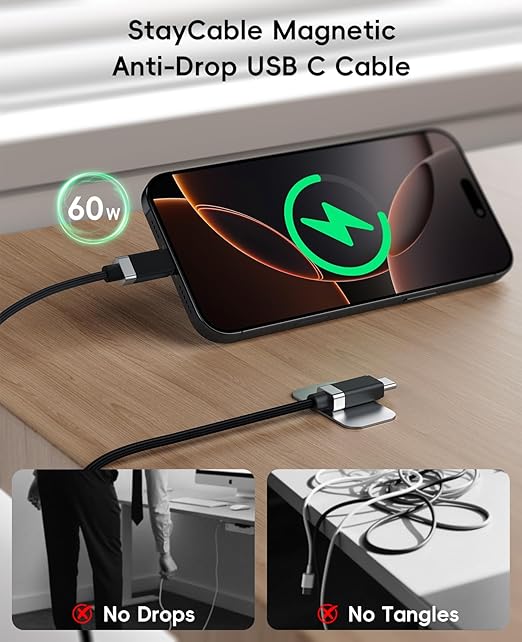 Magtame StayCable 2Pack 3.3FT USB C to USB C Cable, Magnetic Holder for Anti-Drop Cord Management, 60W Fast Charging and Data Sync, Braided Type C Charger Cable for iPhone 17/16, Laptop, Desk, Car