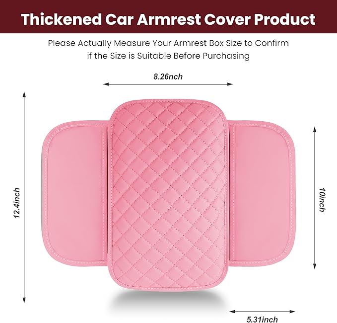 Upgraded Car Center Console Cover Pink,Microfiber Leather Car Armrest Cover Cushion with 2 Storage Bags,Universal Car Armrest Storage Box Car Interior Accessories for Most Vehicles (Pink)