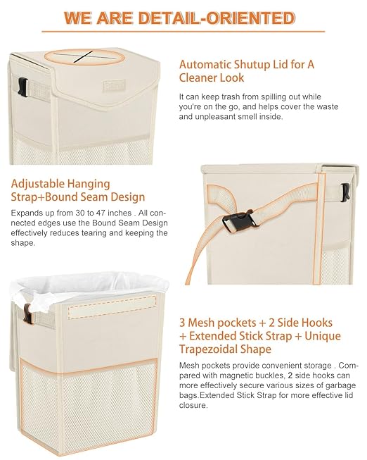 Pritent Car Trash Can with Lid, Cute Leakproof Car Trash Garbage Bag Hanging Vehicle Trash Bin Small Portable Automotive Garbage Cans Organizer for Back/Front Seat/Console(2.8 Gallons,Beige