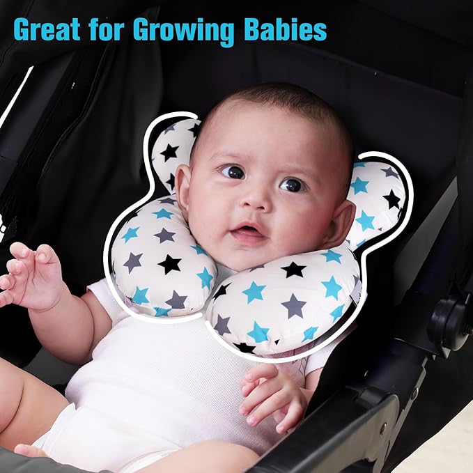 KAKIBLIN Baby Neck Pillow, Upgraded Baby Support Pillow, Head Pillows for Carseat, Newborn Neck Support for Car Seat, Stroller, Pushchair,Travel (White Star)