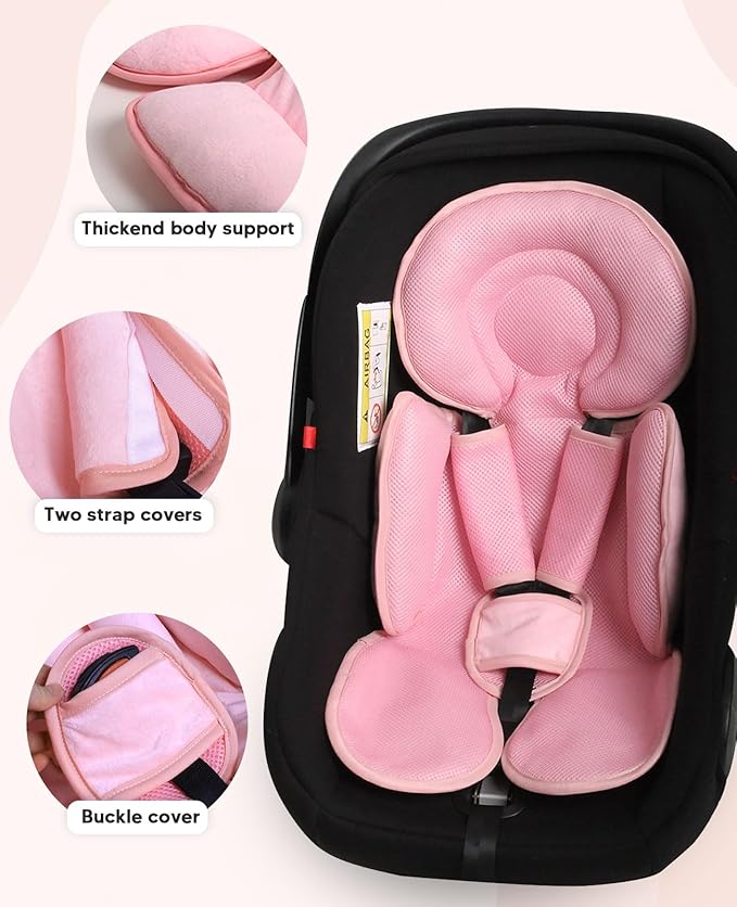 Infant Car Seat Insert for Newborn Girls Boys, 3 in 1 Reversible Cushion for Carseat with Strap Pads Buckle Cover Extra Soft Carseat Support Pad for All Season, Pink