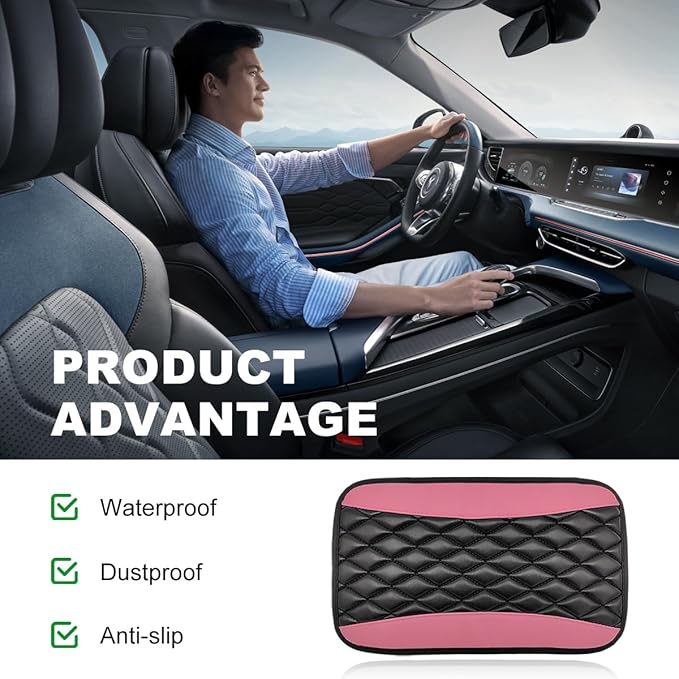 Car Center Console Cushion Pad, 12.6 × 7.48 Inches Waterproof Car Armrest Seat Box Cover, PU Leather Armrest Cover Protector for Most Vehicle, Universal Car Interior Accessories (Pink)