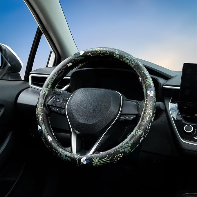 Boho Floral Steering Wheel Cover Auto Leather Steering Wheel Protector, Anti-Slip, Breathable, Absorbing Sweat, Universal Floral Car Accessories 14.5–15 inch,Fit for Most Car, Trucks, SUV