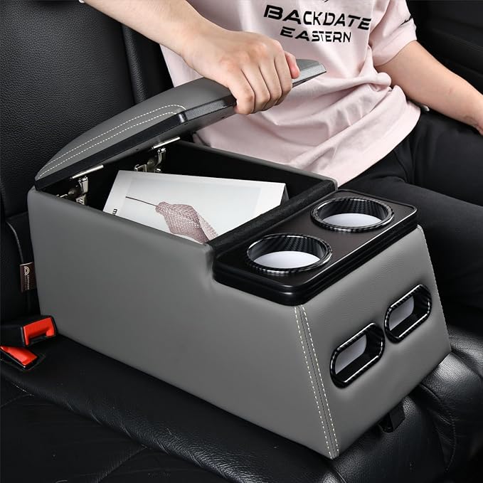 Coverado Car Center Console, Universal Bench Seat Center Consoles, Center Console for Van, Back Seat Storage Box, Rear Seat Car Console Organizer with Cup Holder, Central Armrest Box (Regular, Gray)
