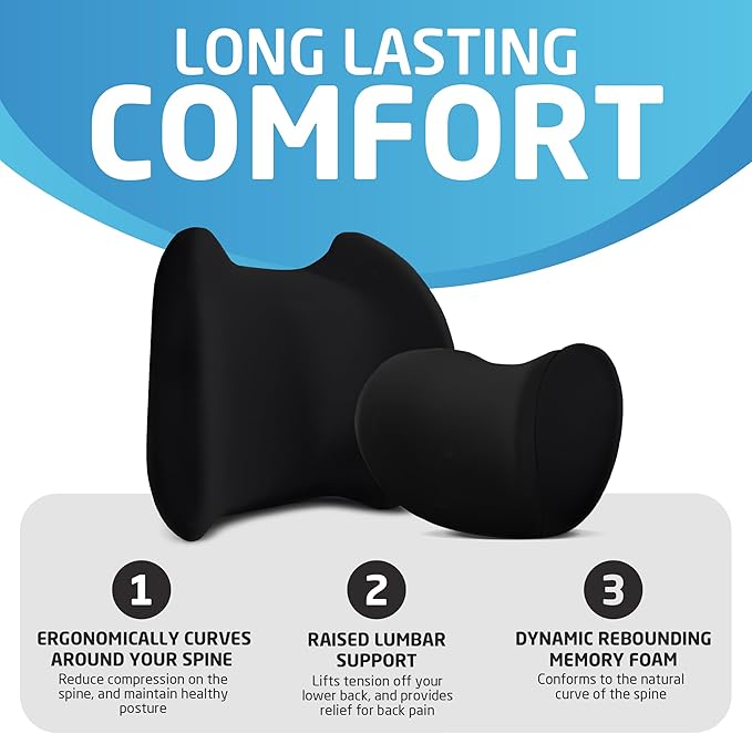 Lumbar & Neck Support Pillow Kit - Black - Back & Neck Support Pillow for Car & Office Chair - Memory Foam Pillow - Ergonomic Pillow for Neck & Back Pain