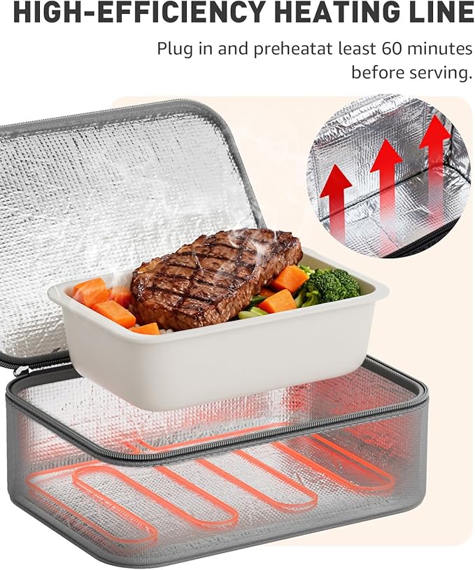 Portable Food Warmer - Heated Lunch Box for Adluts - Electric Thermal Lunch Bag with Buckle Handle, Heating Food Warmer Bags for 12V/24V Car & Truck, 110V/220V Home/Office, Gray