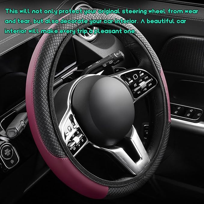 Car Steering Wheel Cover, 15 inch Carbon Fiber Microfiber Leather Elastic Steering Wheel Protector, Breathable Anti-Slip Comfortable Steering Wheel Covers for Most Cars (Wine Red, AD)