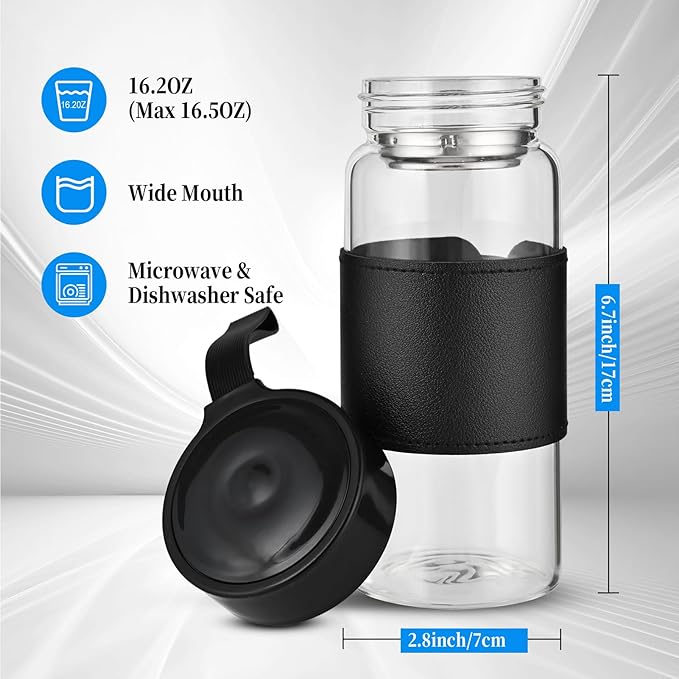 Small Glass Shaker Bottle, 2 Pack 16oz BPA Free Odorless Shaker Bottle with 304SS Mixing Ball and Removable Cleaning Brush for Fitness & Protein Shakes(Black-2Pack)