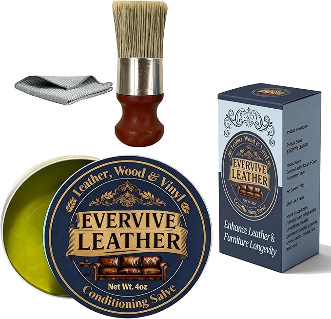 Leather & Wood Restoring Salve - 4oz Furniture Polish & Conditioner with Applicator Brush & Microfiber Towel, for Leather Couches, Car Seats, Wood Tables & Vinyl