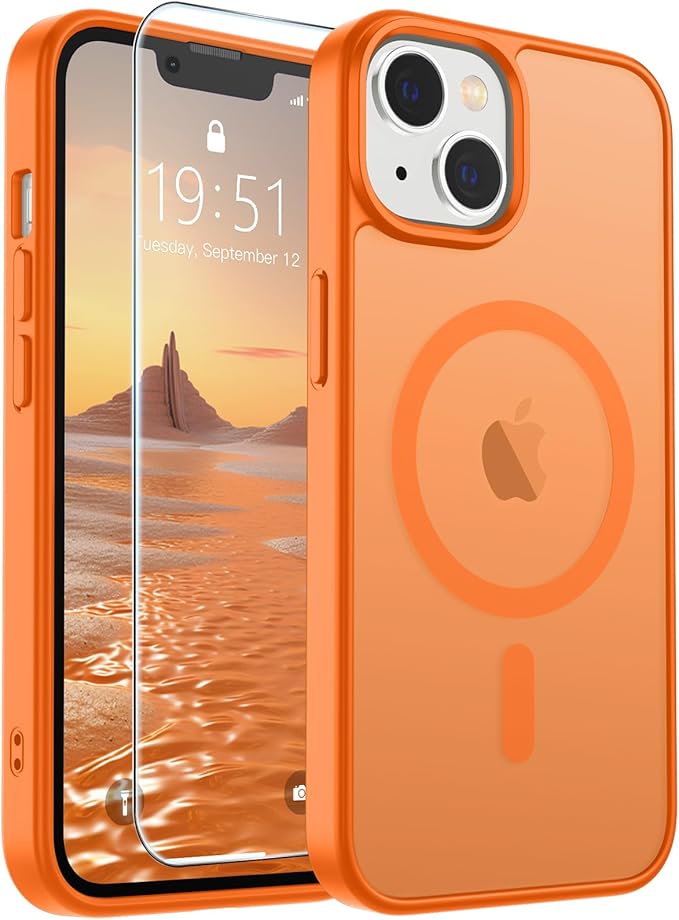 SUPFINE Magnetic for iPhone 15 Plus Case & iPhone 14 Plus Case with Screen Protector (Compatible with MagSafe)(Military Grade Drop Protection) Translucent Shockproof Phone Cover,Starry Orange