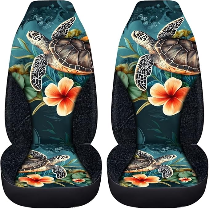 BIGCARJOB Art Sea Turtle Car Seat Cover Set for Front Seat Only,2 Pack Animal Turtle Print Auto Front Seat Protector Saddle Blanket for Women Car Interior Accessories