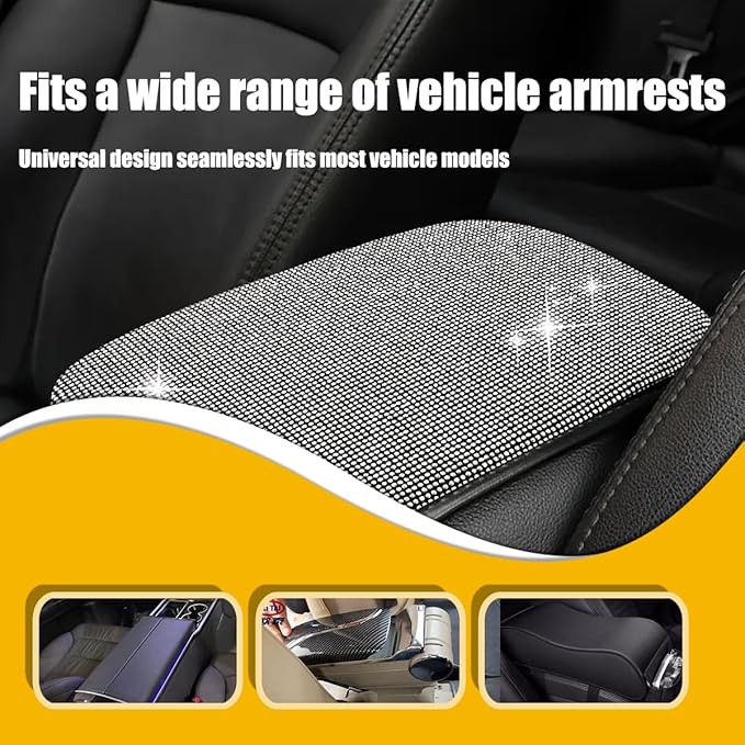 11.9''×8.4'' Bling Car Center Console Cover, Crystal Diamond Arm Rest Cover for Car, Soft Elbow Pillow Automotive Armrest Seat Box Cover, Arm Rest Protective Cushion Pad for Women Men (White)