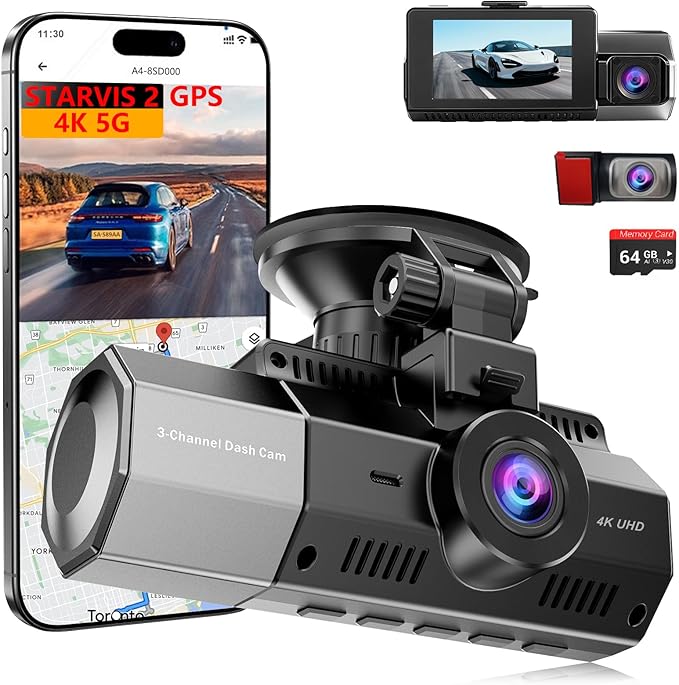 4K+2.5K+2.5K Dash Cam, STARVIS 2 Sensor, Dash Camera 3-Channel, Free 64GB Card, Dashcam with 5G WiFi GPS, G-Sensor,Loop Recording, HDR, 24H Parking Monitor, Time-Lapse Recording, 256GB Max