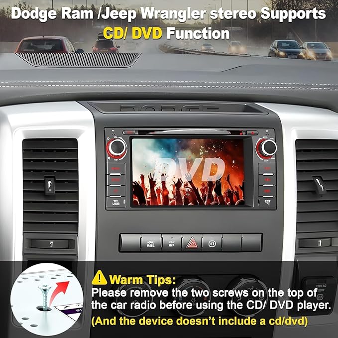 Car Radio Stereo with CD/DVD Player for Dodge RAM 1500 2500 3500 (2009-2012), for Jeep Wrangle/Unlimited (2007-2015),7 Inch Head Unit with CarPlay & Android Auto,Bluetooth & GPS Navigation