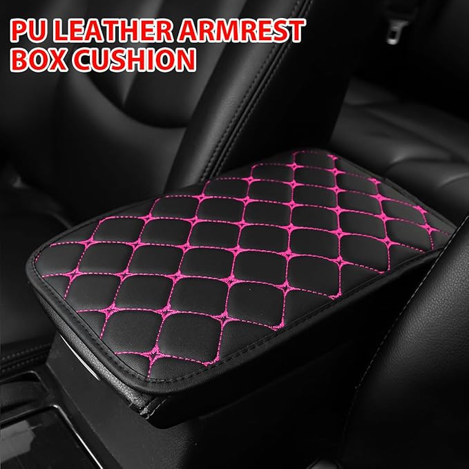 HZEL Car Center Console Cushion Pad, PU Leather Vehicle Armrest Protection Cover, Waterproof Automotive Interior Arm Rest Seat Box Mat Accessories, Universal for SUV, Sedan, Truck (Black/Rose Red)