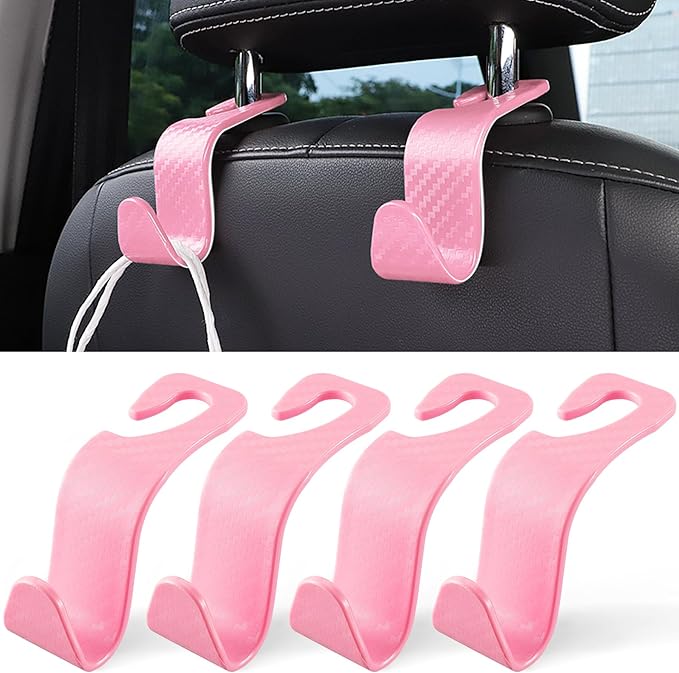 LivTee Car Purse Hook, Headrest Hook for Car, 4 Pack Universal Auto Car Seat Headrest Hook Hangers Organizer for Purse Coat Umbrellas Grocery Bags Handbag, Car Accessories - Carbon Fiber Pink