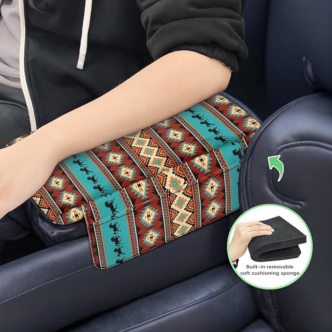 Armrest Cover Center Console Pad for Cars with Pockets, Aztec Horse Cars Interior Accessories for Women Men, Armrest Protector Fit Most Auto Vehicle, SUV, Truck Arm Rest Box