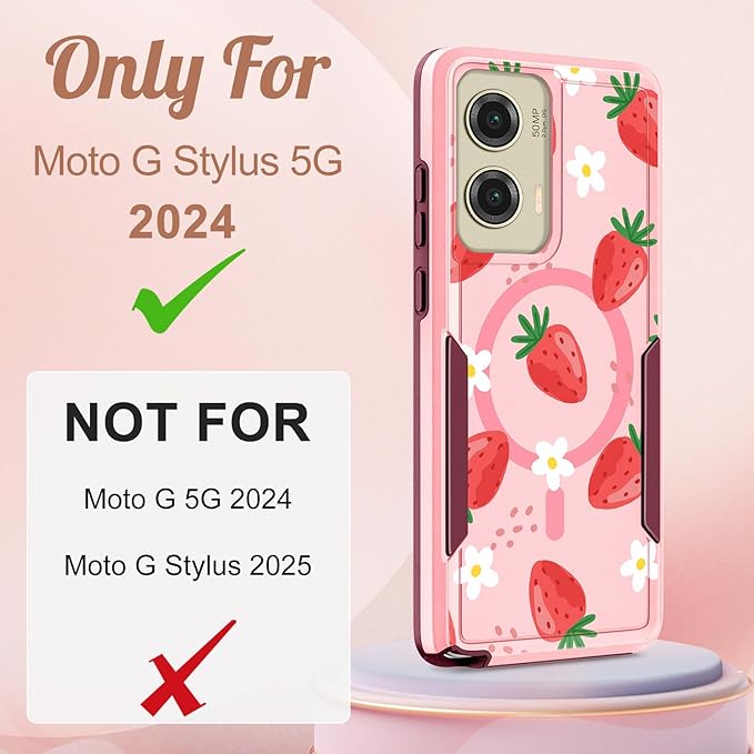 for Moto G Stylus 5G 2024 Case - Compatible with MagSafe Women Girls Cute Magnetic Phone Cover Girly Kawaii Strawberry Heavy Duty Shockproof Design for Motorola Moto G Stylus 5G 2024 Cases