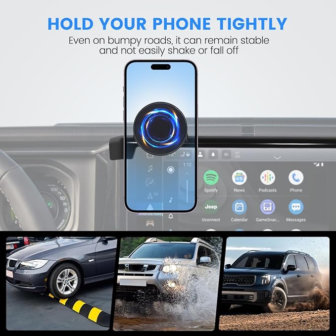 Car Phone Holder Fit for Jeep Wrangler 2024 2025/Gladiator JT 2024 2025 Auto Accessories Fit 12.3-Inch Touch Screen, Phone Mount Compatible with MagSafe Automobile Cradles Hands-Free 360° Rotation