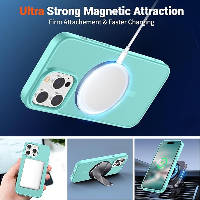 SUPFINE Magnetic for iPhone 14 Pro Max Case (Compatible with MagSafe) (Military Grade Drop Protection) Translucent Matte Shockproof Phone Cover,Blue Green