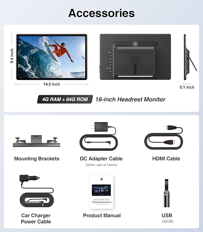 16 inch Android 13 Car Headrest Monitor Screen Car TV Entertainment System for Cars Backseat,Support Phone Wireless Mirroring Sync Screen WiFi HDMI Bluetooth USB SD Video Player 4G+64G (16" 4+64 1pcs)