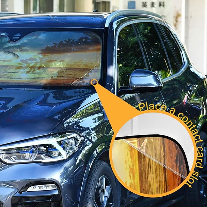 Palm Tree Car Windshield Sun Shade Tropical Sunset Beach Ocean Foldable UV Ray Sun Visor Protector Sunshade to Keep Your Vehicle Cool (55" x 27.6")