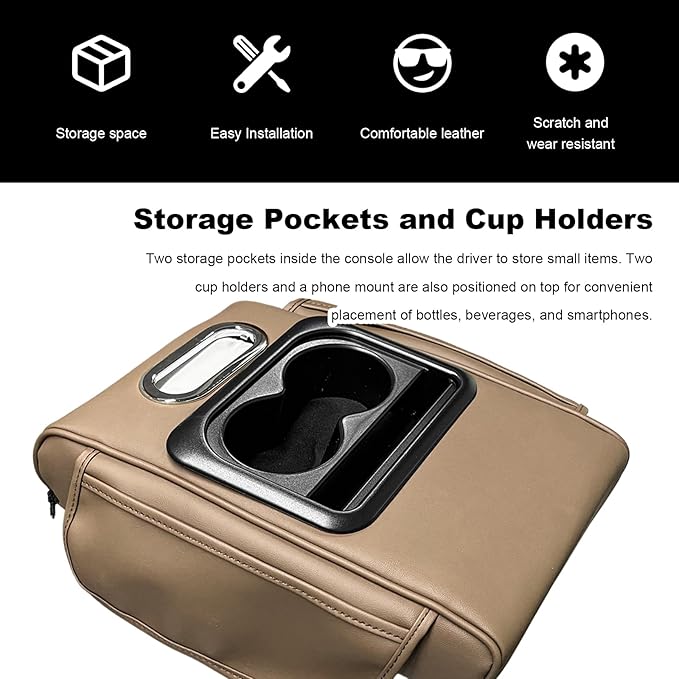 Car Center Console Armrest Pillow, Multifunctional Armrest Box Cover with Cup Phone Tissue Holder & Side Pockets, Waterproof Leather Middle Console Cushion for Most Vehicles (Beige, Normal)