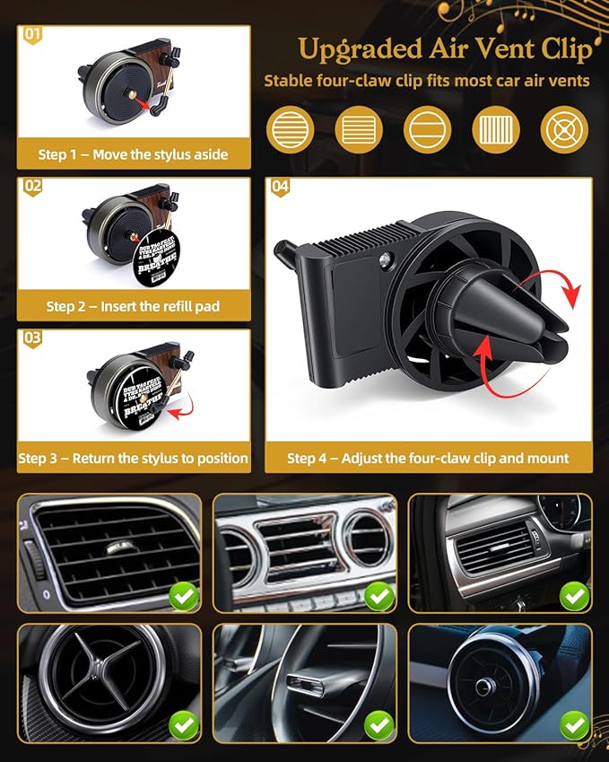 Record Player Car Air Freshener Vent Clip with 15pcs Refill Pads, Retro Black Ice Aromatherapy Diffuser for Singer Merch Gift, Air Freshener Car Decor Accessories, Music Lovers Gifts