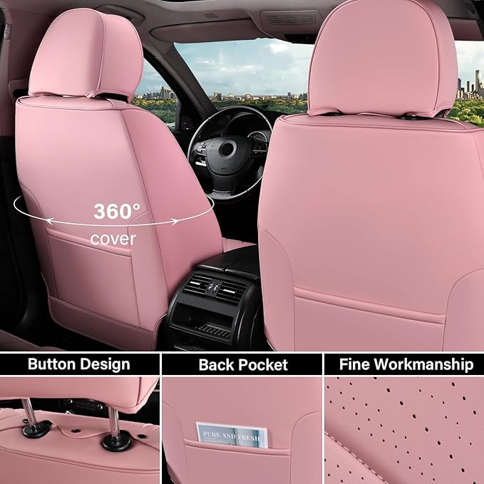 Coverado Car Seat Covers Full Set, Automotive Front and Rear Seat Covers with Backrest, Nappa Leather Car Seat Protectors Waterproof, Universal for Most Vehicles, Pink