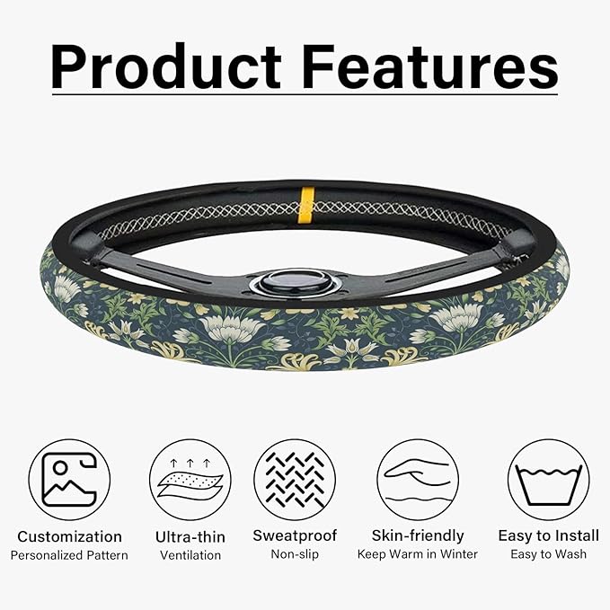 Green Flowers Plants Steering Wheel Cover, Cute Print Steering Wheel Cover Protector, Personalized Pattern Design, Car Accessories for Women, for Steering Wheel with a Diameter of 14.5"-15"