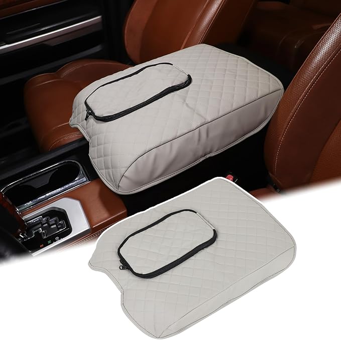 Aunginsy Leather Center Console Armrest Cover Compatible with Toyota Tundra 2014-2021, Car Middle Console Cushion Lid Pad Waterproof Protector, Armrest Seat Box Cover with Storage Bag Accessories