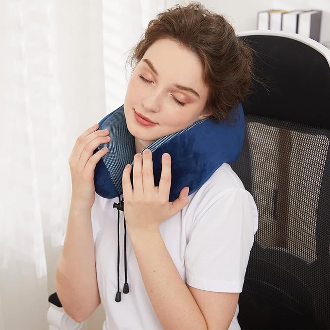 TALLGO Travel Pillow, Best Memory Foam Neck Pillow Head Support Soft Pillow for Sleeping Rest, Airplane Car & Home Use (Dark Blue)