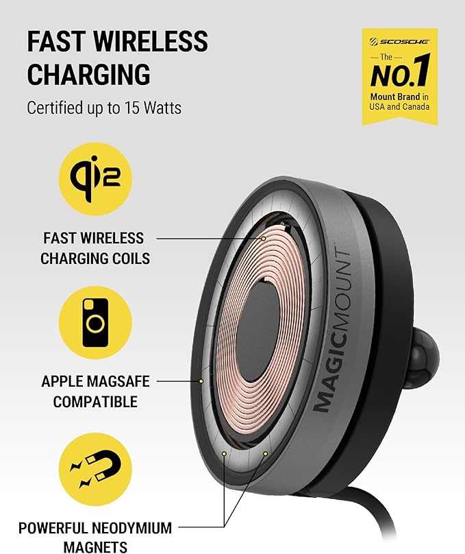 Scosche Qi2 Wireless MagSafe Car Mount Charger, 15W Magnetic Cell Phone Holder for Car with AMPS Mounting Plate for ProClip Vehicle Specific Mount Bases Compatible with iPhone, Samsung