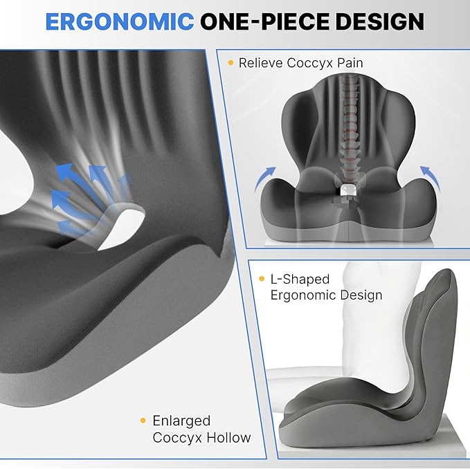 Seat Cushion, Office Chair Seat Cushions with L-Shaped Ergonomic Design, Memory Foam Seat Cushion with Coccyx Hollow, Lumbar Support Pillow & Tailbone Pain Relief for Long Sitting (Grey)